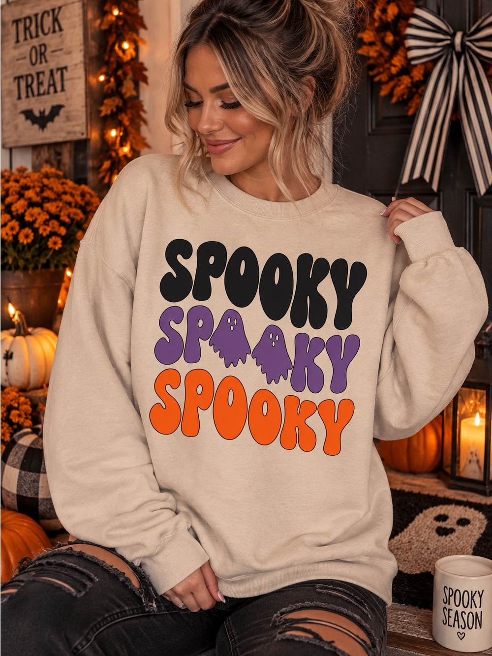 Spooky Graphic Crewneck Sweatshirt - Cream